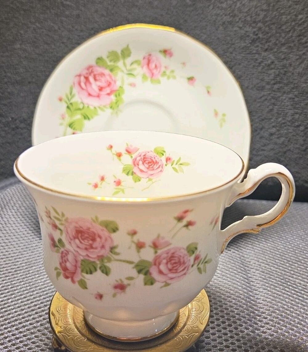 Pink Roses Tea Cup and Saucer Fine Bone China, England, Avon 1974, Gold Trim